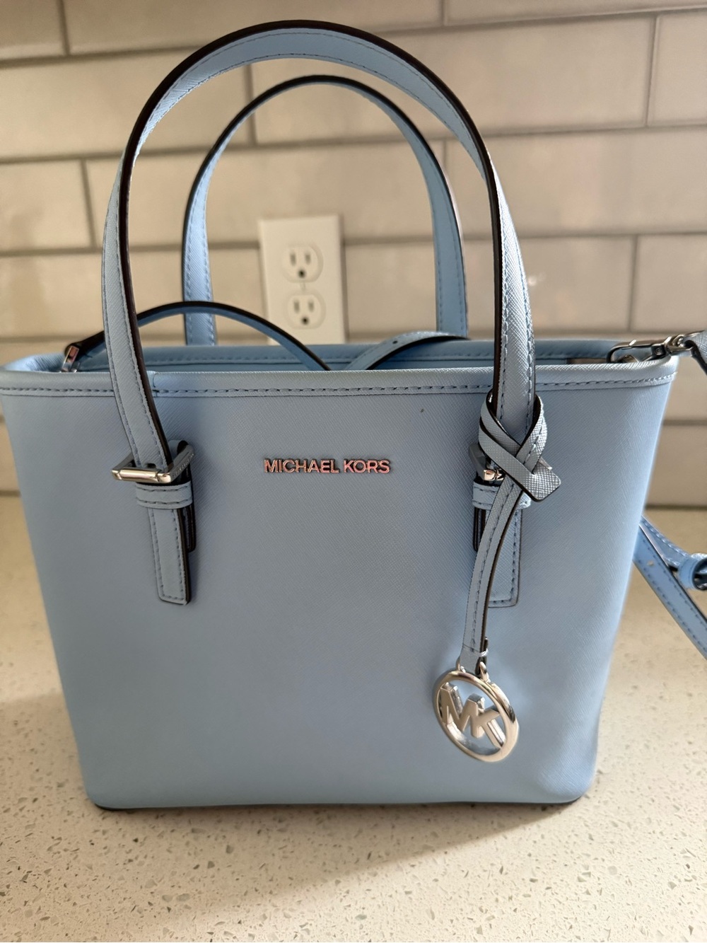 Michael Kors Light Blue Saffiano Satchel with MK Charm